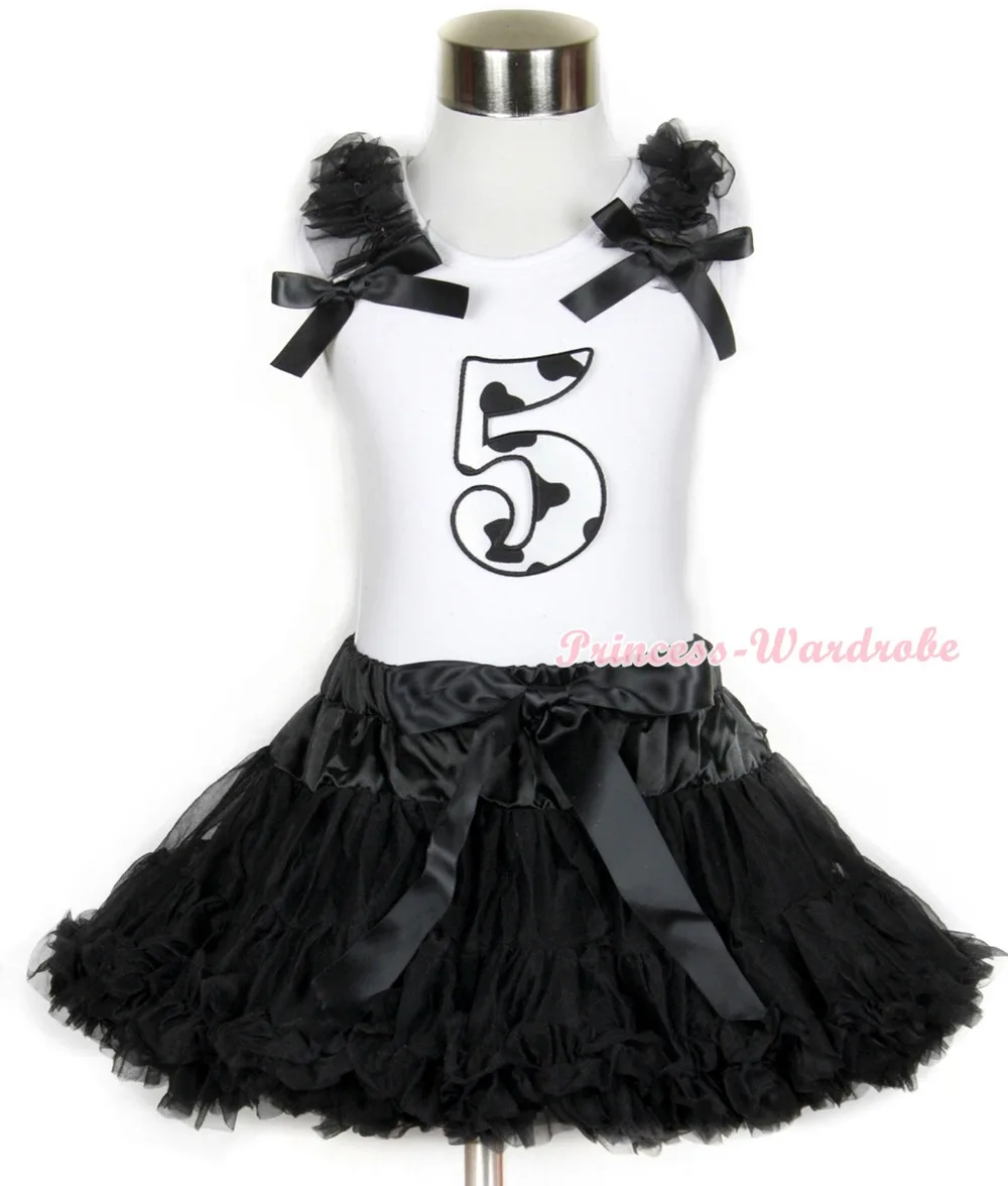 

Halloween White Tank Top with 5th Milk Cow Birthday Number Print with Black Ruffles & Black Bow & Black Pettiskirt MAMG685
