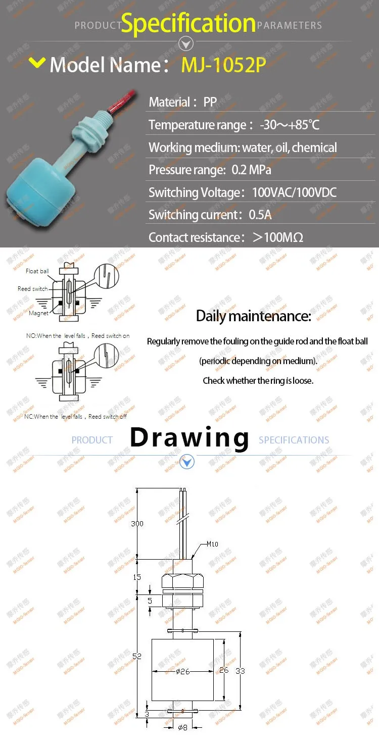 MJ-1052PP M10* 52 мм 1 сигнал с потоком воды вверх и вниз 10 Вт 100 в а переключатель уровня жидкости 10 шт./лот