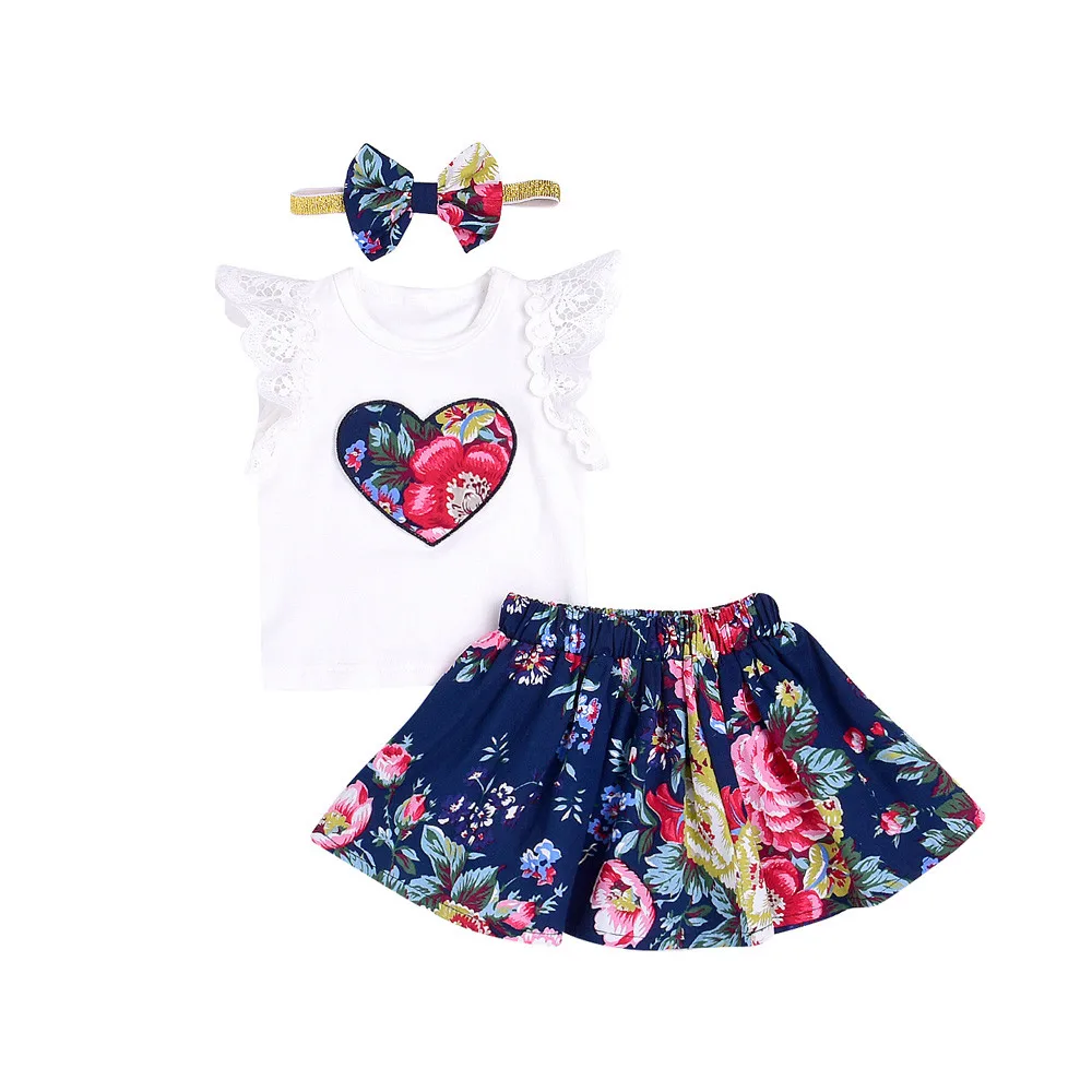 Telotuny/комплект одежды для маленьких мальчиков и девочек, высококачественный хлопковый кружевной топ с короткими рукавами и принтом «любовь»+ юбка с цветочным узором+ повязка для волос, JU 14 - Цвет: White
