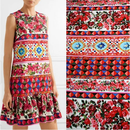 

70X142cm Fashion Week Runway Located Sicily Rose Flowers Cotton Fabric for Woman Girl Clothes Dresses Shirt Sewing-AF222