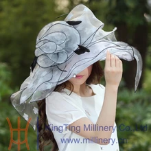 Free Shipping Fashion New Women Organza Hat Church Hat Wide Brim Ruffle Flower Fashion Dress Fancy Girl Wedding Dress Big Flower