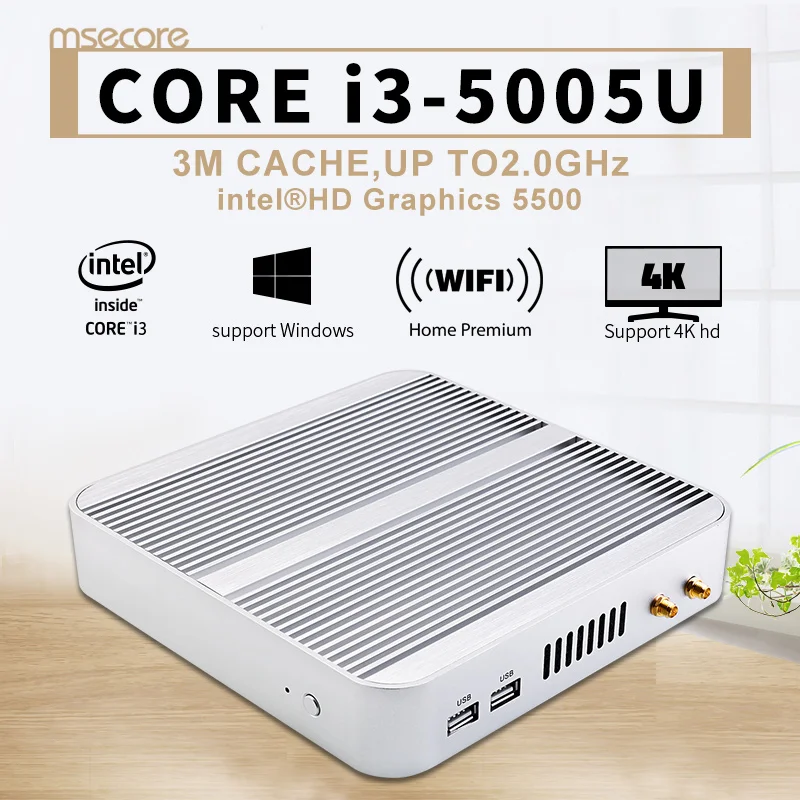 Intel Mini PC Core i3 5005U Windows 10 Desktop Computer Nettop NUC barebone system Fanless Broadwell HTPC HD5500 Graphics WiFi