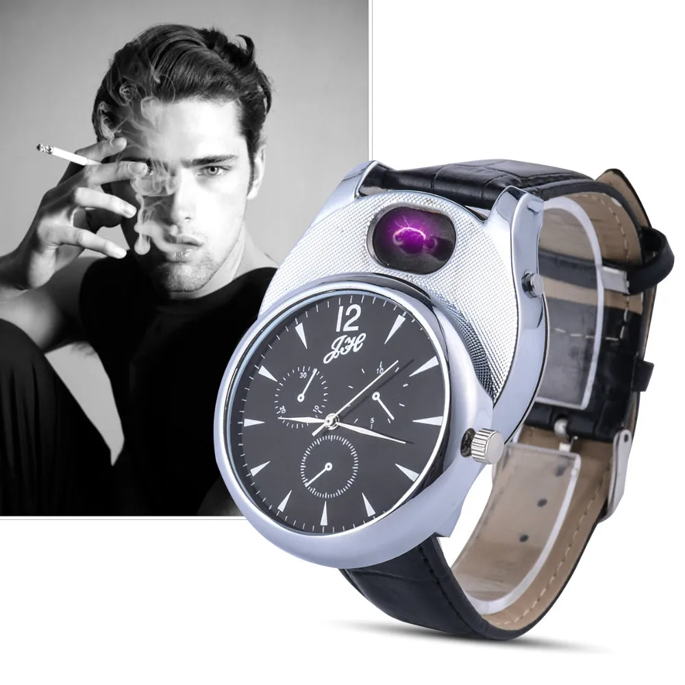 Cigarette Lighter watch Men USB rechangeable Casual Quartz Watch fashion Arc Flameless Lighter Wristwatches clock JH338