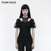 Панк рейв Готический слоеный короткий рукав Футболка женская облегающая Сексуальная кружевная лента ничья нить бандажная сетка женские топы стрейч вязаные футболки