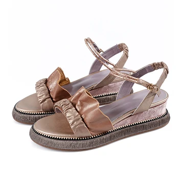 

Summer New Genuine Leather Women Sandals Thick Bottom Muffin Sandals Lotus Leaf Slope With Roman Student Shoes