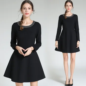 

2018 Roupas Feminina one-piece dress long-sleeve formal dress beaded office black dress cultivating ladies vestidos Plus size5XL