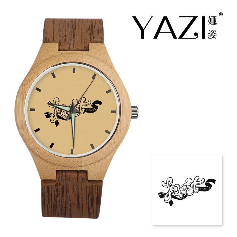

YAZI DIY Wooden Watch Lucky Logo Quartz Watches Natural Bamboo Wood Case Wrist Watches Wood Stripe Band Memory Gift