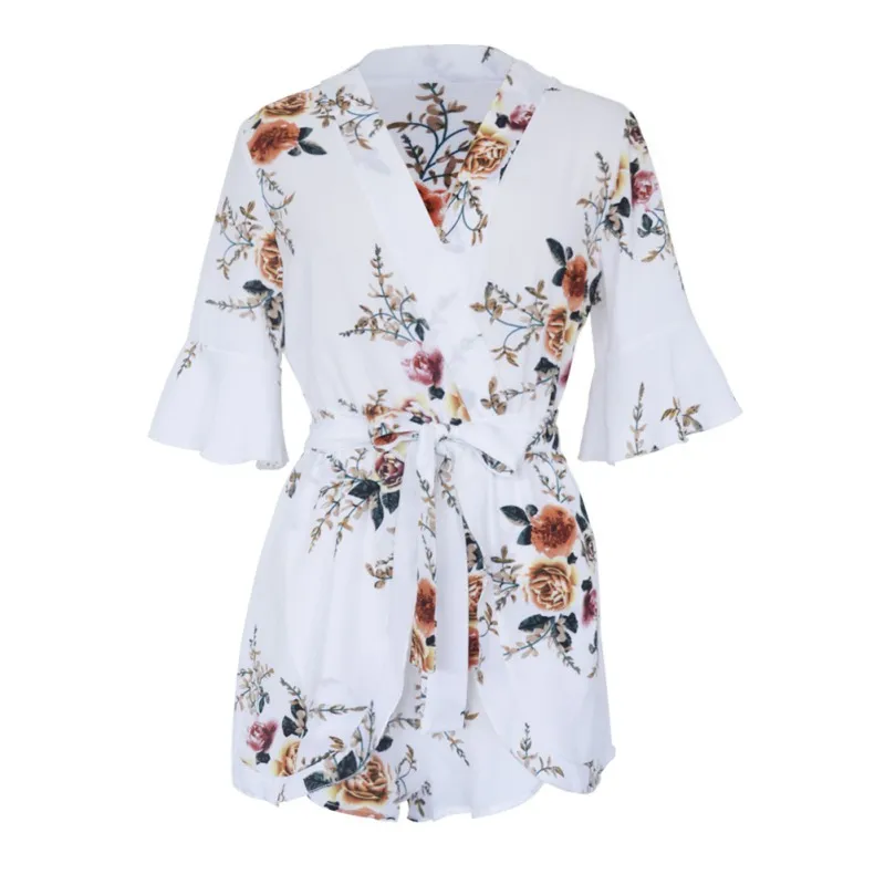 Boho Red Floral Print Ruffles Playsuits Women Elegant Chiffon White V Neck Jumpsuits Rompers Sexy Beach Girls Short Overalls Jumpsuits and Playsuits