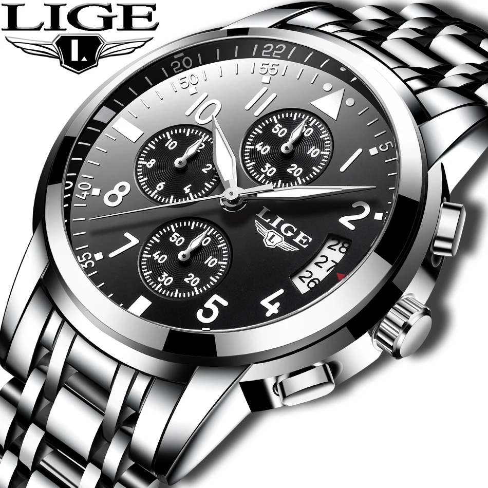 

LIGE Watches Mens Clock Sport Chronograph Military Quartz Watch Waterproof Luxury Stainless Steel Wrist Watch Relogio Masculino