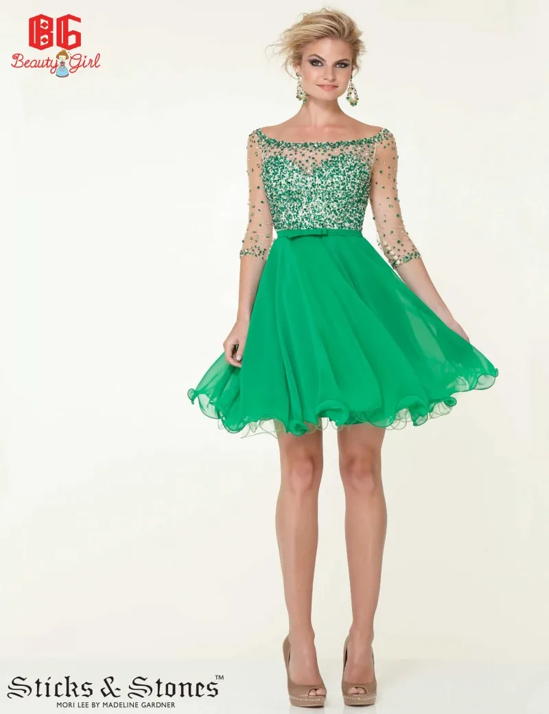 Emerald Green Sheer Half Sleeve Short Cocktail Dresses For Party Beaded