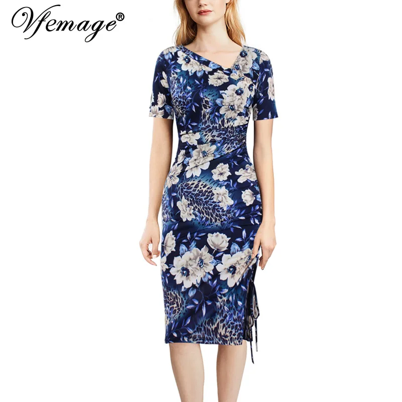 

Vfemage Women Asymmetrical Neck Floral Print Ruched Pleated Drawstring Gathered Slit Split Casual Party Sheath Bodycon Dress 681