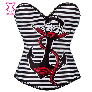 

Burlesque Clown Sailor Bustier Femme Black/White Striped Cotton Espartilhos Corset Corselet Overbust Corsets Bustiers Body