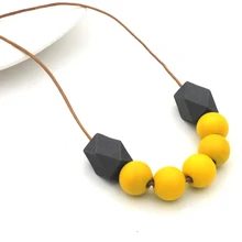 Серый желтый деревянные геометрические ожерелье с бисером milimalist заявление кожаный шнур повседневной Длинная веревка NW720