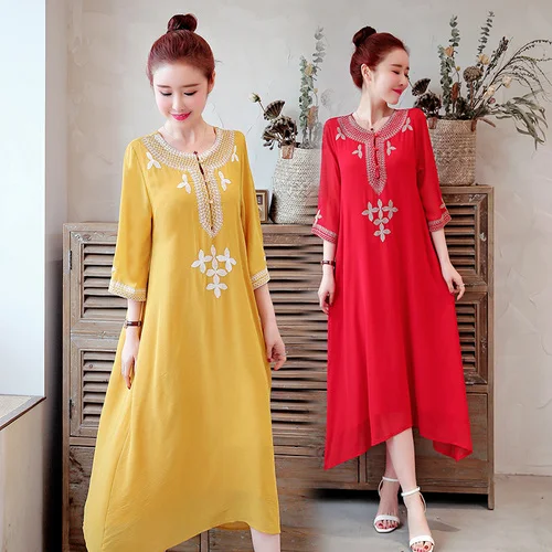 

2019 Spring Chinese Nationality Wind Literature Art Round Collar Button Xxl Women Dress New Summer Exquisite Embroidered Dresses