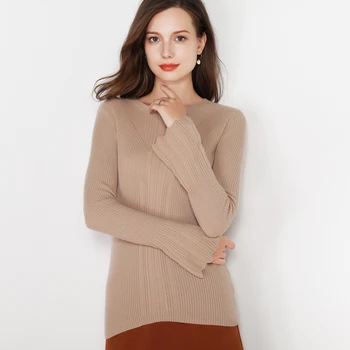 

High quality pure cashmere sweater O-neck autumn and winter new women's JECH Slim trumpet sleeve cashmere pullover sweater coat