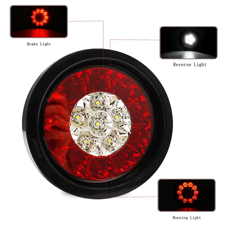 

DC 12V 24V Round Stop Brake Tail Light Led Reverse Lamp Truck Trailer SUV Lorry Caravan Bus Boats with Rubber Grommet Red &Clear