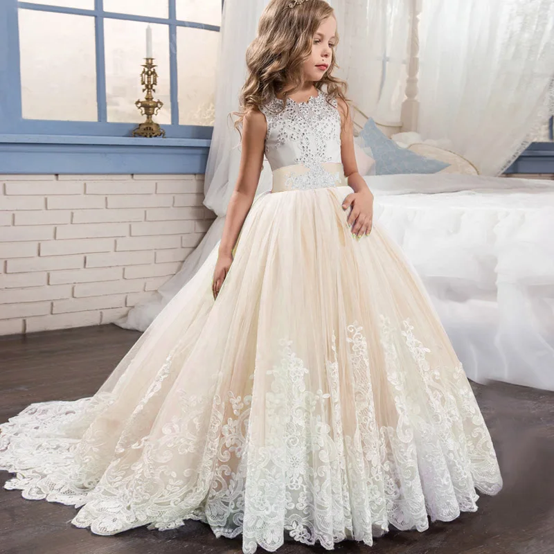 Свадебные Платья с цветочным узором для девочек, элегантное кружевное платье принцессы, детское вечернее платье, костюм для детей 9, 10, 12, 13, 14 лет