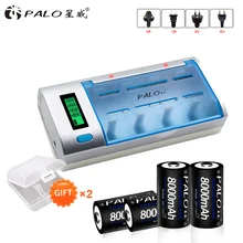 AA/AAA/SC/C/D/9 V 6F22 건전지 + 4Pcs ni mh 1.2V 8000 mah 재충전 용 D 크기 건전지를위한 PALO 똑똑한 LCD 전시 건전지 충전기