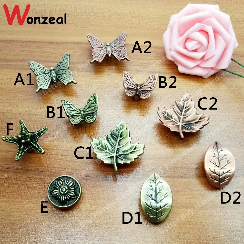 Leaf handle Vintage Bronze Kitchen Cupboard Dresser Handles Retro Round Zinc Alloy Cabinet Pull Handle Antique Closet Knob Pulls