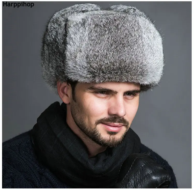 High Quality Mens 100 Real Rabbit Fur Winter Hats Lei Feng hat With Ear Flaps Warm