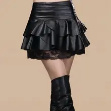 Для женщин кружево лоскутное искусственная кожа мини юбки плиссированные Высокая талия юбка черный DV768