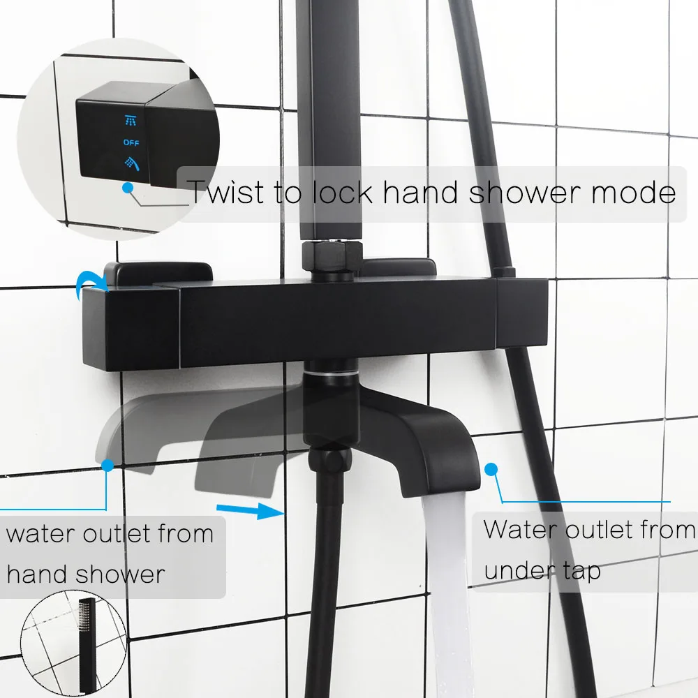 Латунный матовый черный квадратный дождевой душевой набор Термостатический смеситель для душа в ванной комнате настенный смеситель для холодной и горячей воды