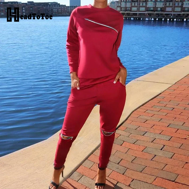 

Fashion Zipper Embellished Casual Sweatshirt Pants Set