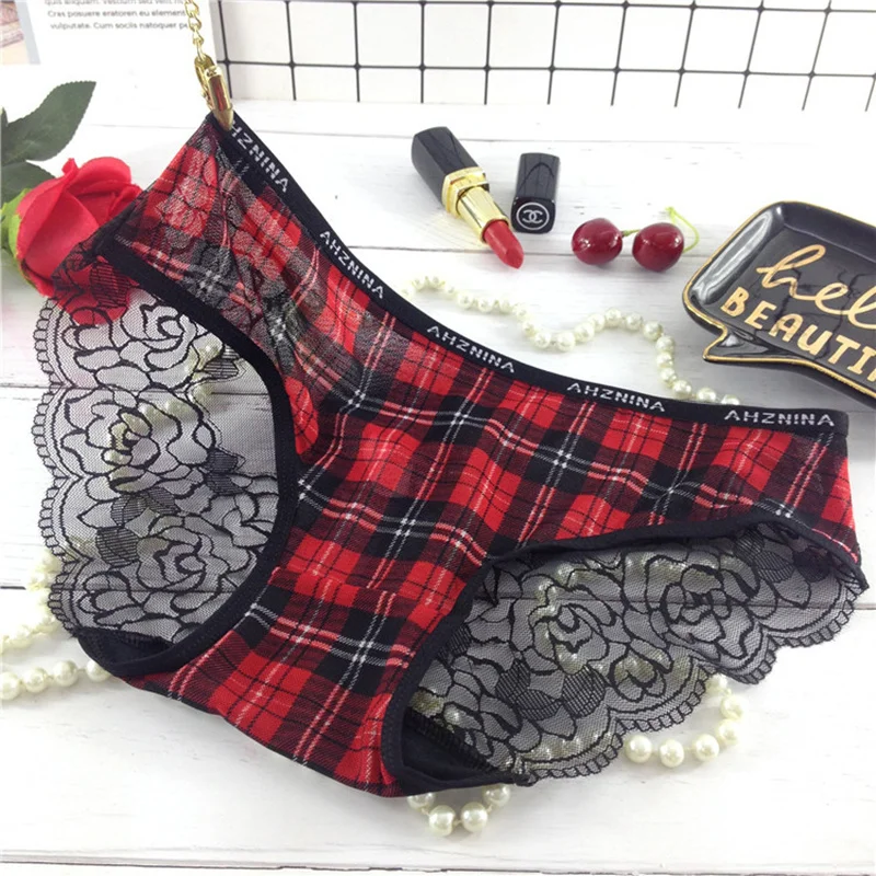 Hot 2019 Sexy Panties Women Lace Panties Sexy Seamless Briefs Low Rise Women Black Red Plaid