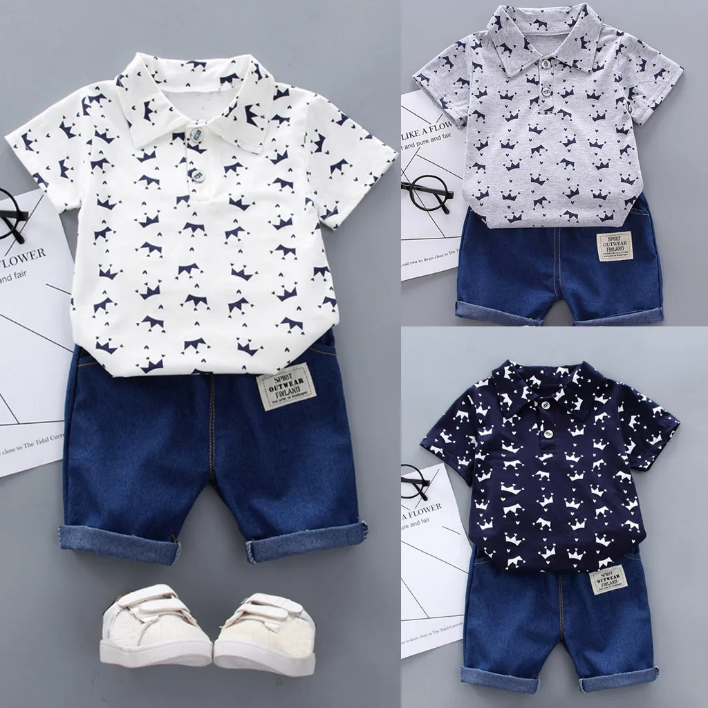 

Babysets Baby setsToddler Kids Baby Boy Short Sleeve Crown Pattern Shirt Tops+ Denim Pants Set
