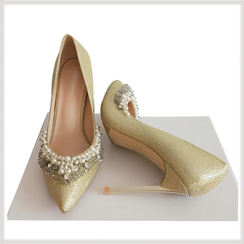 Новинка; женская пикантная обувь; женские свадебные туфли с острым носком и золотыми бусинами; женские туфли-лодочки на высоком каблуке 10 см/12 см