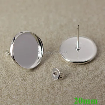 

20mm New Silver Plated Brass Blank Bases Round Bezel Pin Stud Earrings Post w/ Stopper Earring Settings Findings Wholesale