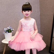 2017 New Children Ceremonial Princess Pink Lace Dress Girls Wedding Bridal Birthday Party Dresses Costume Teenager Prom Designs