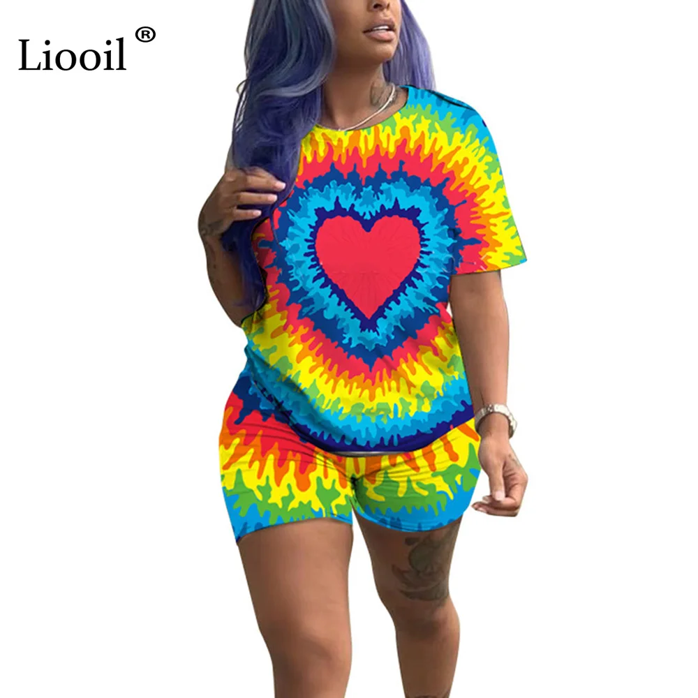 

Liooil Colorful Print Tracksuit Women Two Piece Outfits Summer 2019 Casual Shirt Crop Top And Biker Shorts Sweatsuit Active Sets