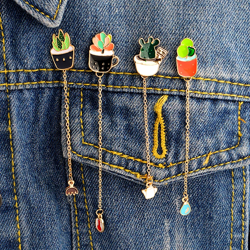 

Succulent plants thermometer Water drops kettle cactus pins with chain Hard enamel lapel pins Badges Brooches Cactus jewelry