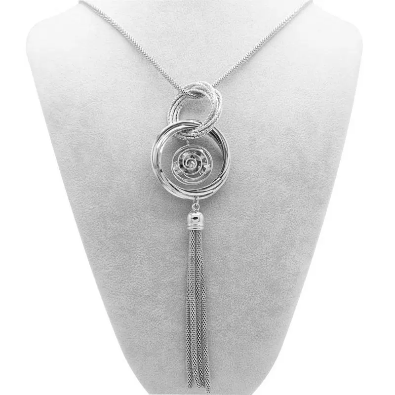 

Simple Design Silver Plated Double Circles Long Necklaces & Pendants Statement Tassels Necklace Colares Femininos Women Jewelry
