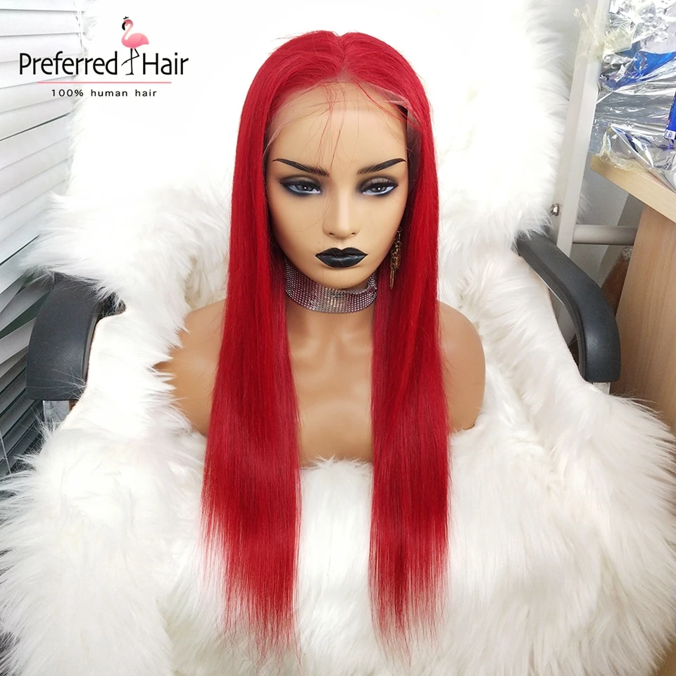 Привилегированные синий парик предварительно выщипать волосяного покрова Волосы remy бразильский Прямо Синтетические волосы на кружеве парик бесклеевого красные парики для Для женщин