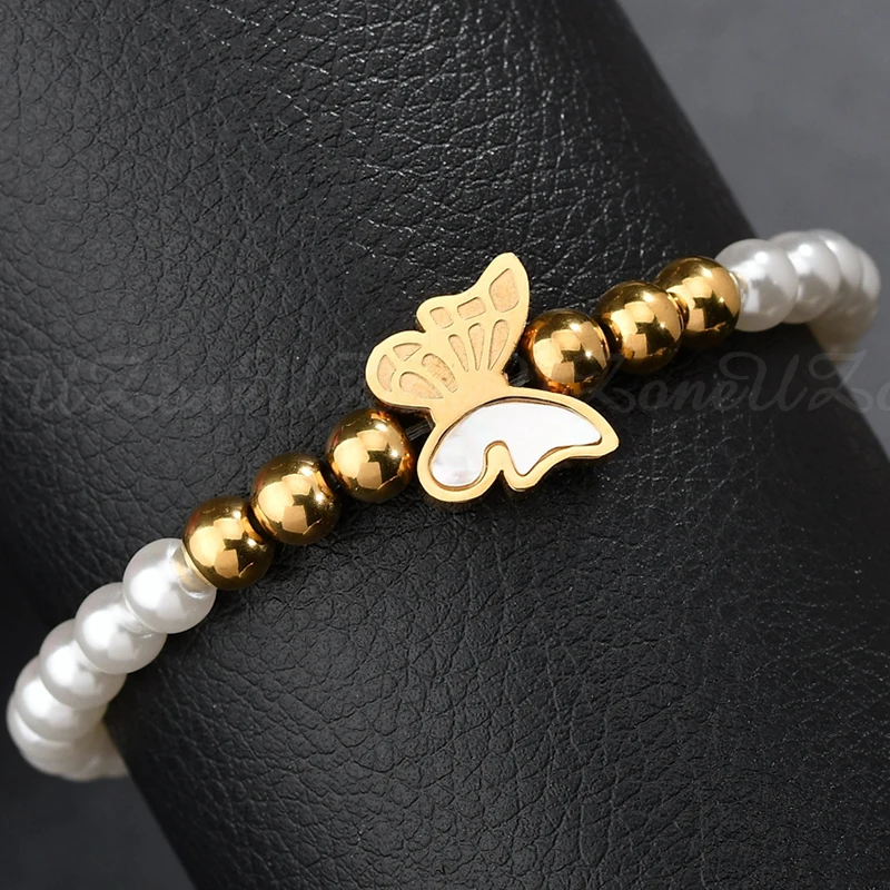 UZone Новая мода оболочки золотые браслеты с бабочками белый и золотой эластичный браслет для женщин аксессуар