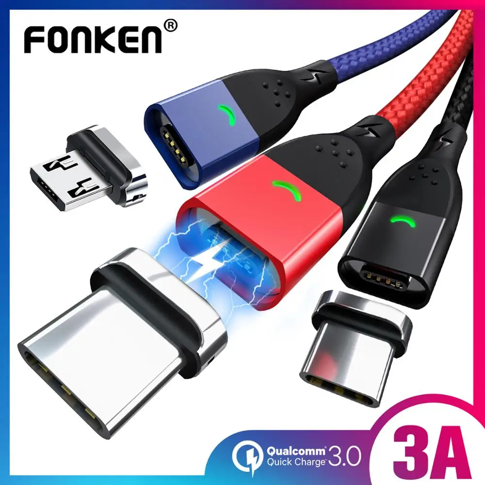 

FONKEN Magnetic Cable USB Type C Cable Micro USB Quick Charge Cord 1m 2m Magnet Fast Charger Mobile Phone usb-c LED Data Wire