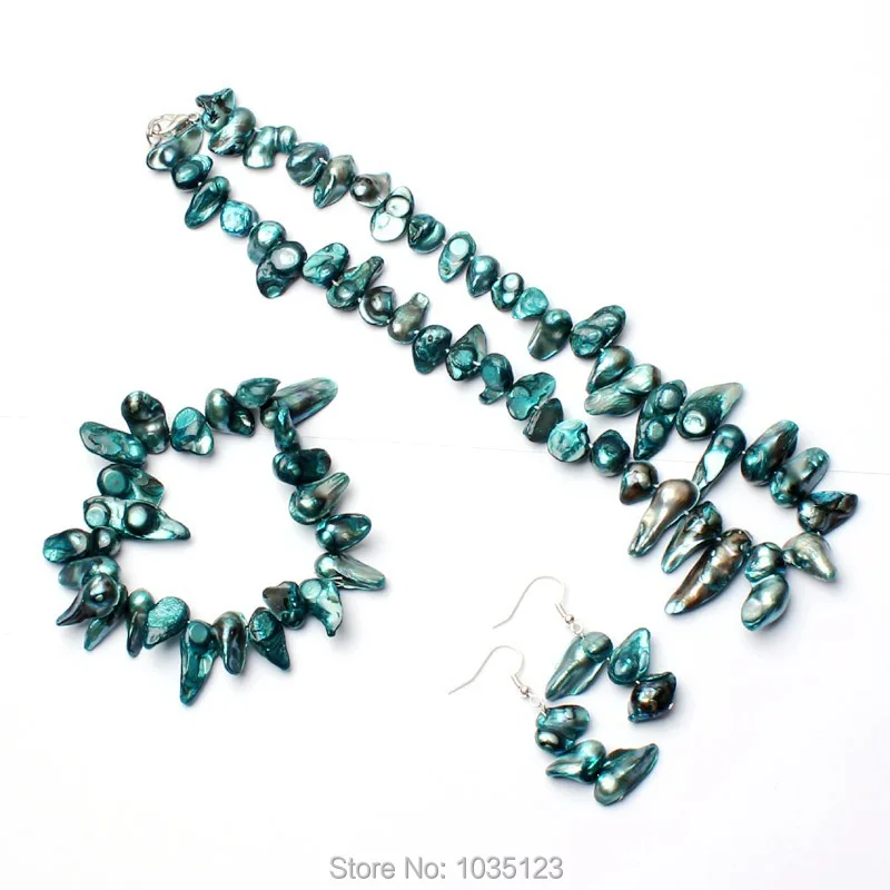 

Free Shipping 8-16mm Tooth Shape Blue Color Natural Freshwater Pearl Vogue Jewelry 1 Sets w2481
