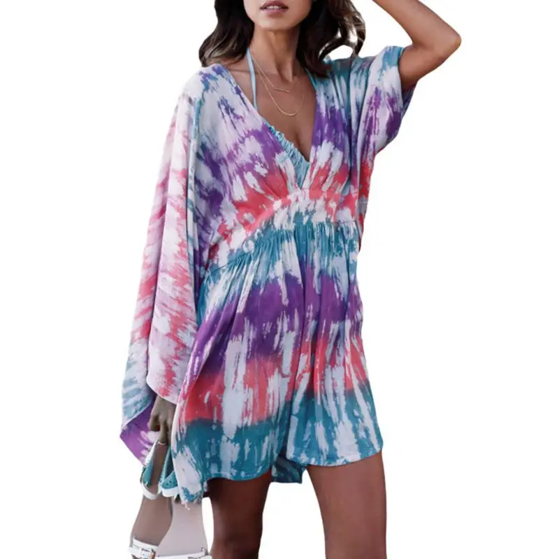 

Womens Long Sleeves Rayon Mini Beach Dress Tie-Dye Contrast Colored Stripes Printed Bikini Cover Up Pleated Flowy Oversized Deep