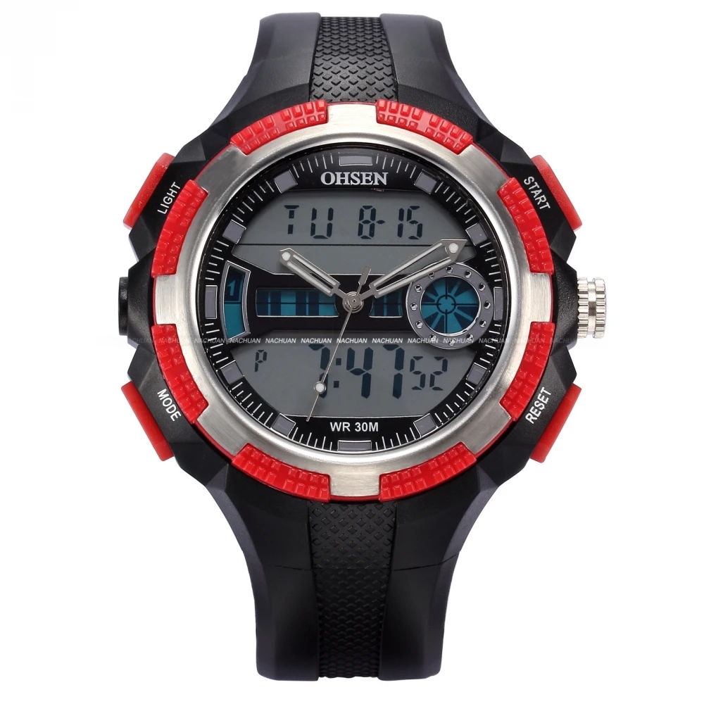 OHSEN Red Digital Dual Time Display Date Alarm Stopwatch Quartz Rubber
