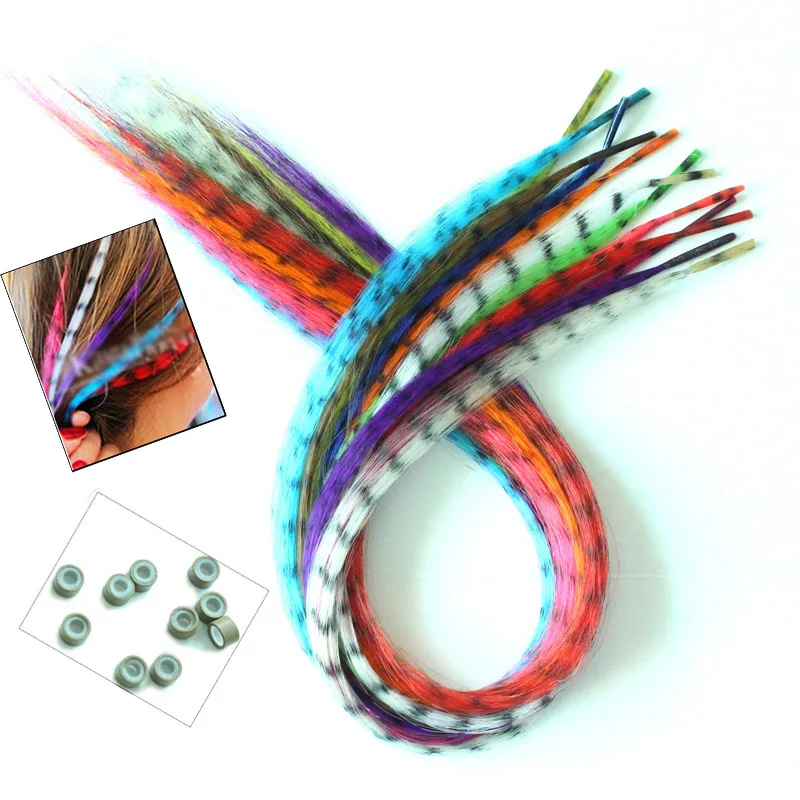12pcs/Lot 16 inches/40cm Women's Straight Multicolour Grizzly  Rooster Feather Hair Extensions (Send 12pcs beads for free) PP61