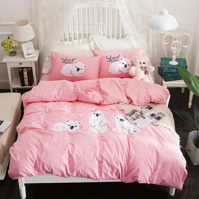 

Papa&Mima Baby bear Applique Embroidery Cartoon style bedding set Twin Queen size Cotton duvet cover flatsheet pillowcase sets