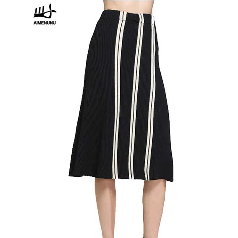 AIMENUNU винтажная полосатая плиссированная трикотажная юбка для женщин Свободная эластичная талия миди юбка черная тонкая облегающая юбка осень