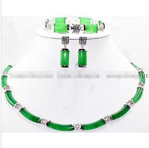 

FREE SHIPPING>>@> Pretty Green Jade Link Necklace Bracelet earrings Set ^^^18K GP style Fine jewe Noble Natural jade Natural jew