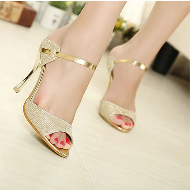 

Shallow mouth fashion women's shoes fish mouth open toe flash gold surface elastic band stiletto super high with new sexysandals