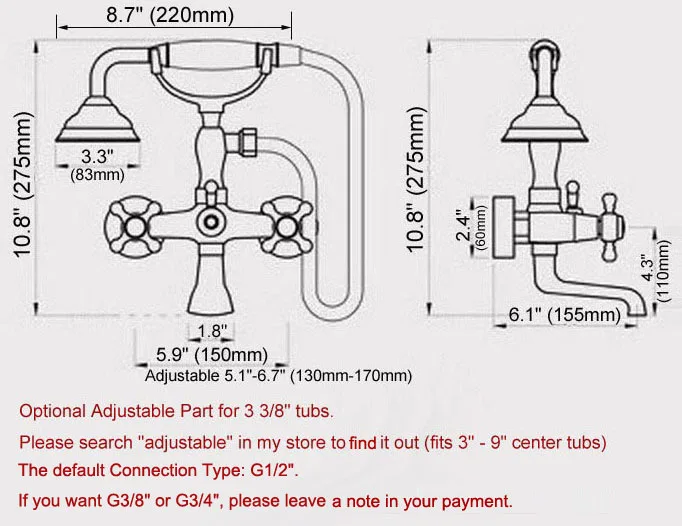  Black Gold Color Brass Wall Mount Bathroom Tub Faucet Dual Cross Handles Telephone Style Hand Showe