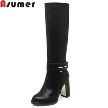 ASUMER/ горячая распродажа; Новое поступление; женские сапоги; цвет черный, коричневый, белый; женские сапоги; зимние сапоги до колена на молнии; большие размеры 34-43