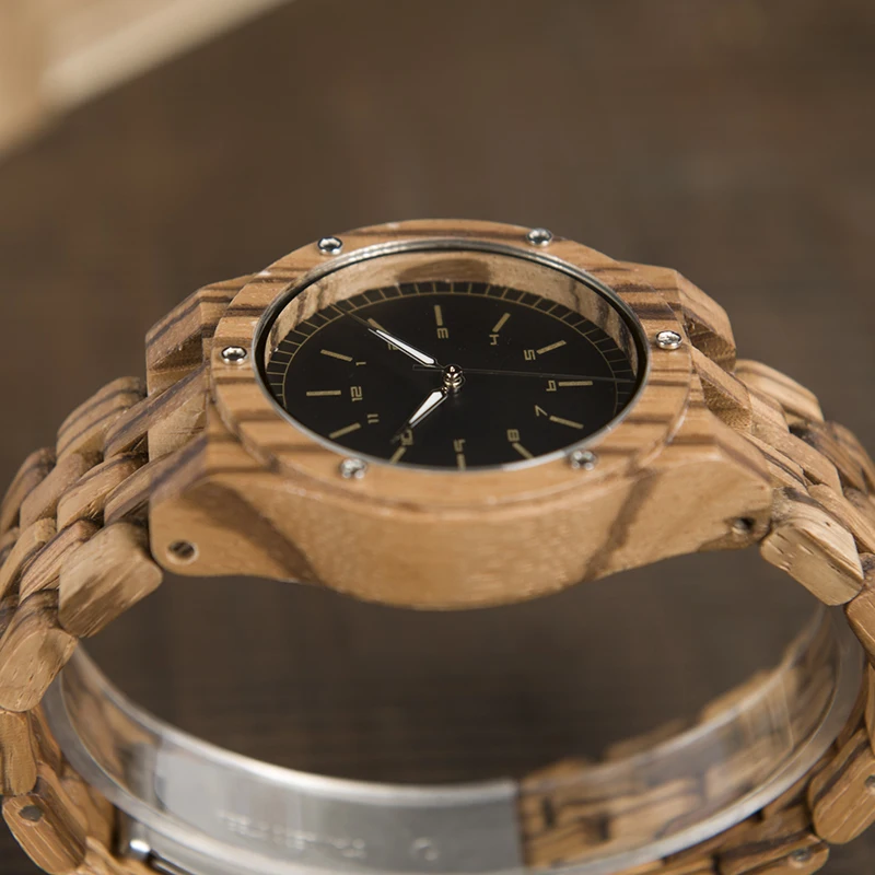 BOBO BIRD WN12 Wooden Watches Mens Brand Luxury Zebra Wood Band Quartz Watch in Wooden Gift Box