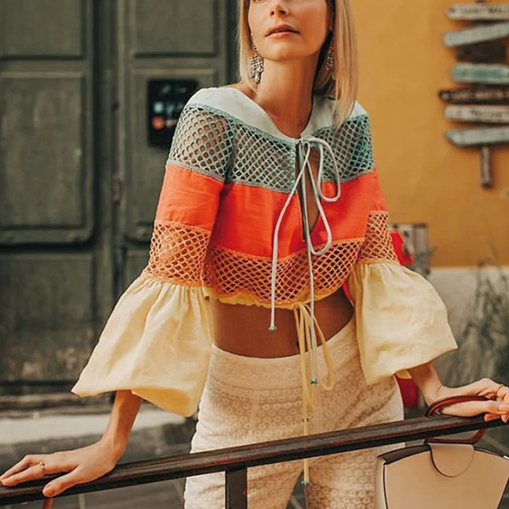 Mesh Female T-shirts Puff Sleeve Sexy Hollw Out Transparent Sweet Summer Patchwork Top Casual Party Beachwear Women T-shirts